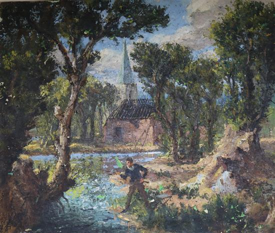 Modern British, oil on canvas, Angler in a landscape, 63 x 76cm, unframed